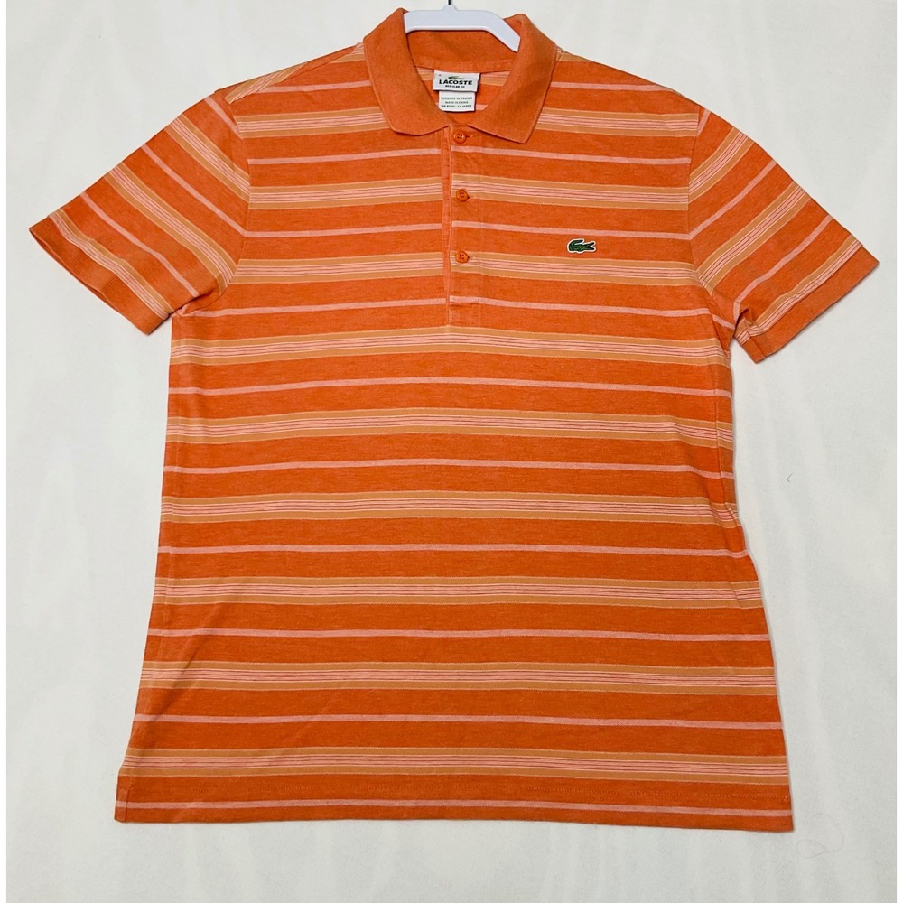 Lacoste Striped Polo Shirt Regular Fit Short Sleeve Casual Orange Size 3 Medium